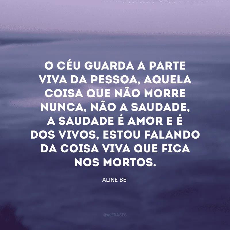 O céu guarda a parte viva da pessoa, aquela coisa que não morre nunca, não a saudade, a saudade é amor e é dos vivos, estou falando da coisa viva que fica nos mortos.

