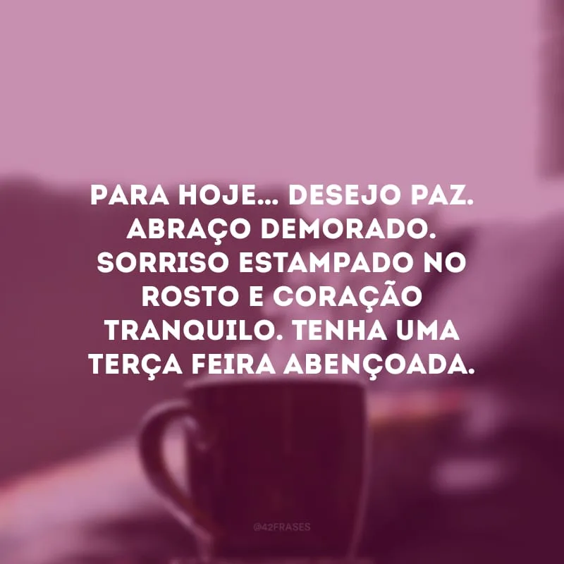 Para hoje… Desejo paz. Abraço demorado. Sorriso estampado no rosto e coração tranquilo. Tenha uma terça-feira abençoada.