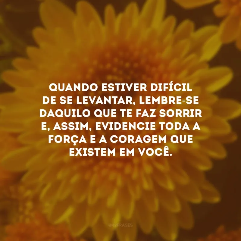 Quando estiver difícil de se levantar, lembre-se daquilo que te faz sorrir e, assim, evidencie toda a força e a coragem que existem em você.