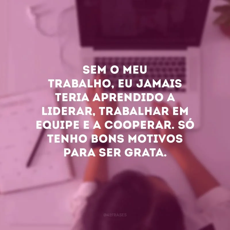 Sem o meu trabalho, eu jamais teria aprendido a liderar, trabalhar em equipe e a cooperar. Só tenho bons motivos para ser grata.