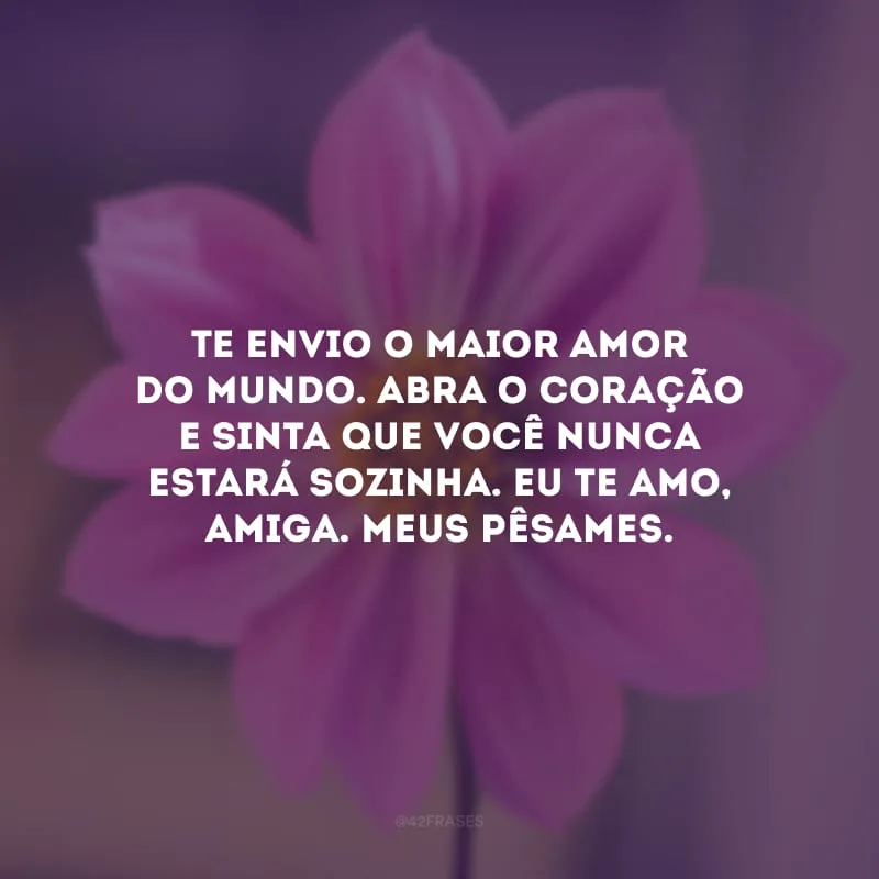 Te envio o maior amor do mundo. Abra o coração e sinta que você nunca estará sozinha. Eu te amo, amiga. Meus pêsames.