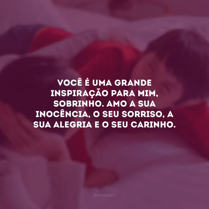 Você é uma grande inspiração para mim, sobrinho. Amo a sua inocência, o seu sorriso, a sua alegria e o seu carinho.