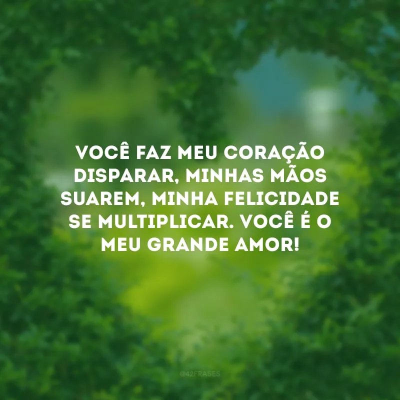 Você faz meu coração disparar, minhas mãos suarem, minha felicidade se multiplicar. Você é o meu grande amor!