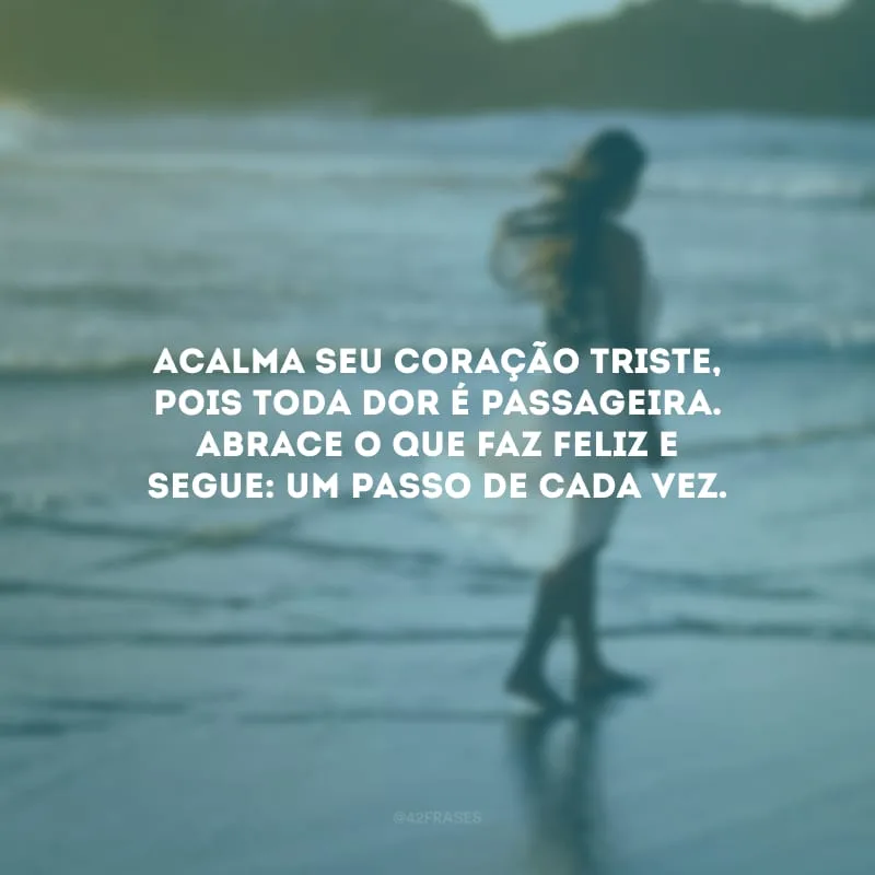 Acalma seu coração triste, pois toda dor é passageira. Abrace o que faz feliz e segue: um passo de cada vez.