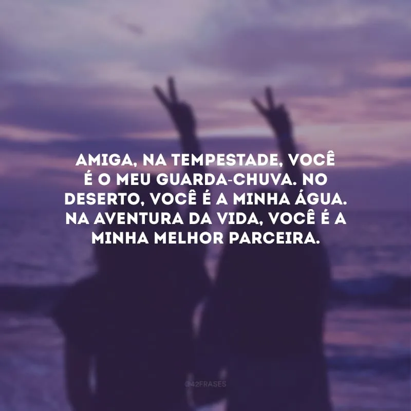 Amiga, na tempestade, você é o meu guarda-chuva. No deserto, você é a minha água. Na aventura da vida, você é a minha melhor parceira.
