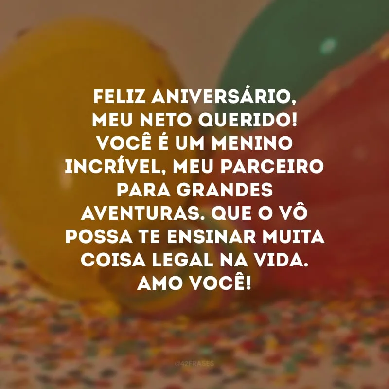 Feliz aniversário, meu neto querido! Você é um menino incrível, meu parceiro para grandes aventuras. Que o vô possa te ensinar muita coisa legal na vida. Amo você!