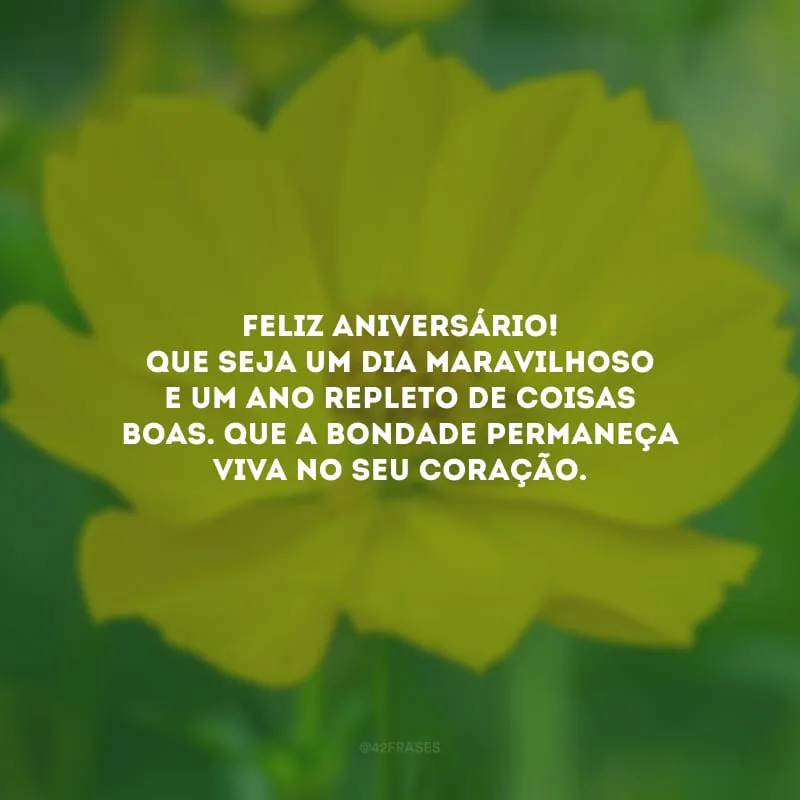 Feliz aniversário! Que seja um dia maravilhoso e um ano repleto de coisas boas. Que a bondade permaneça viva no seu coração.