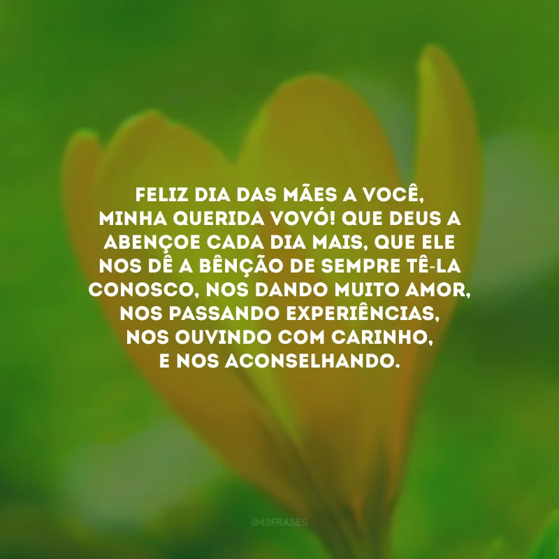 Feliz Dia das Mães a você, minha querida vovó! Que Deus a abençoe cada dia mais, que Ele nos dê a bênção de sempre tê-la conosco, nos dando muito amor, nos passando experiências, nos ouvindo com carinho, e nos aconselhando.