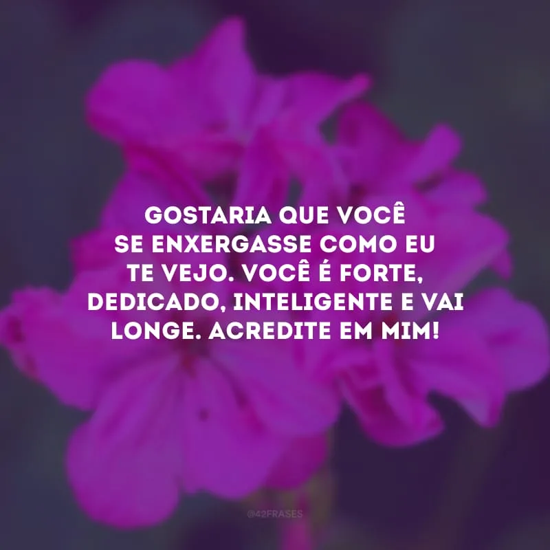 Gostaria que você se enxergasse como eu te vejo. Você é forte, dedicado, inteligente e vai longe. Acredite em mim!
