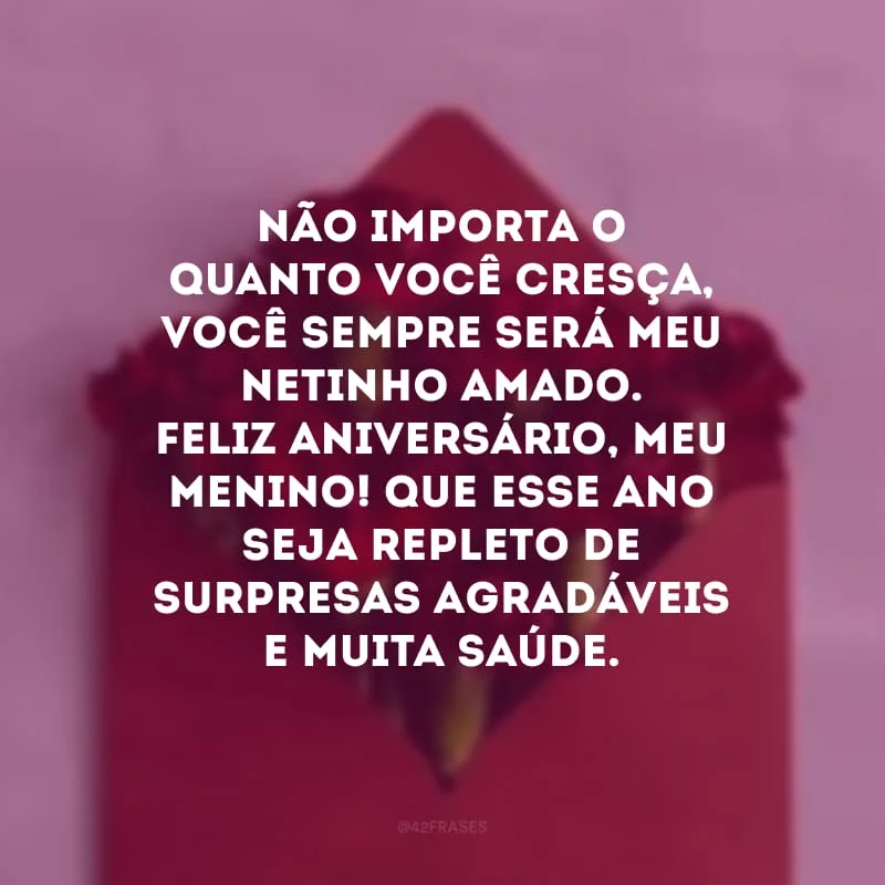 Não importa o quanto você cresça, você sempre será meu netinho amado. Feliz aniversário, meu menino! Que esse ano seja repleto de surpresas agradáveis e muita saúde.