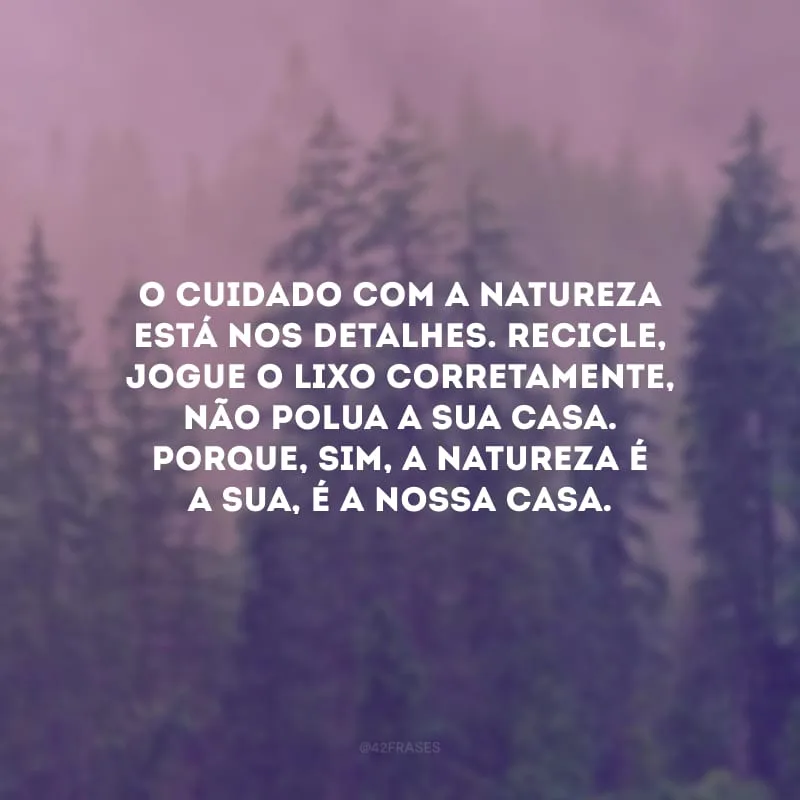 O cuidado com a natureza está nos detalhes. Recicle, jogue o lixo corretamente, não polua a sua casa. Porque, sim, a natureza é a sua, é a nossa casa.
