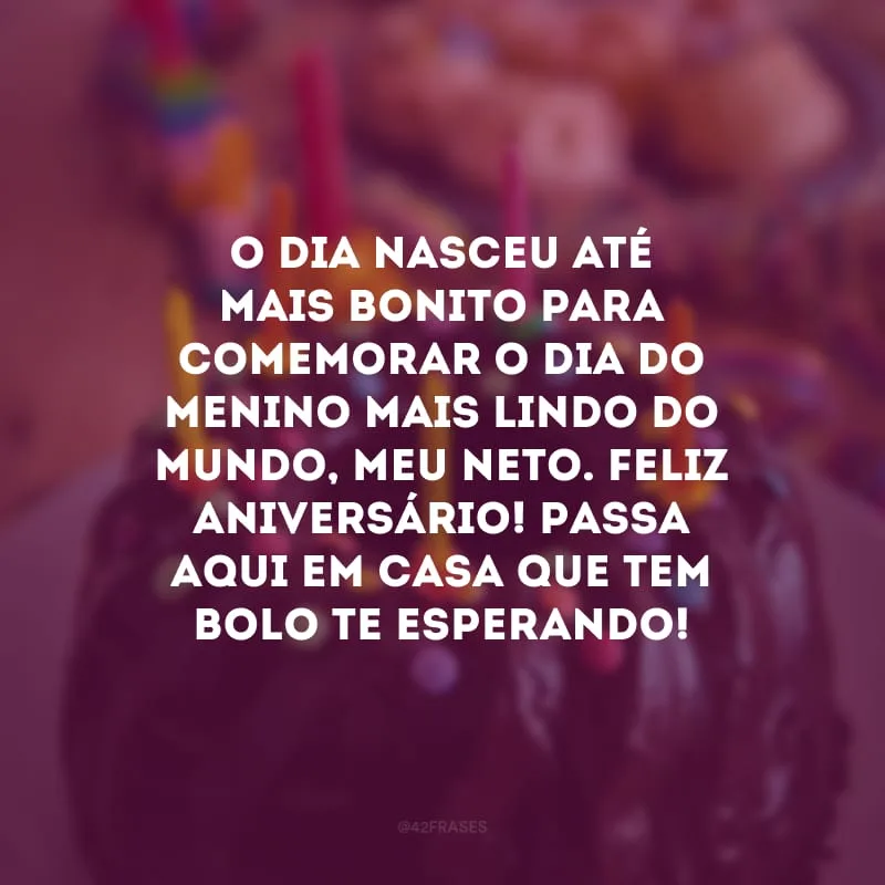 O dia nasceu até mais bonito para comemorar o dia do menino mais lindo do mundo, meu neto. Feliz aniversário! Passa aqui em casa que tem bolo te esperando!