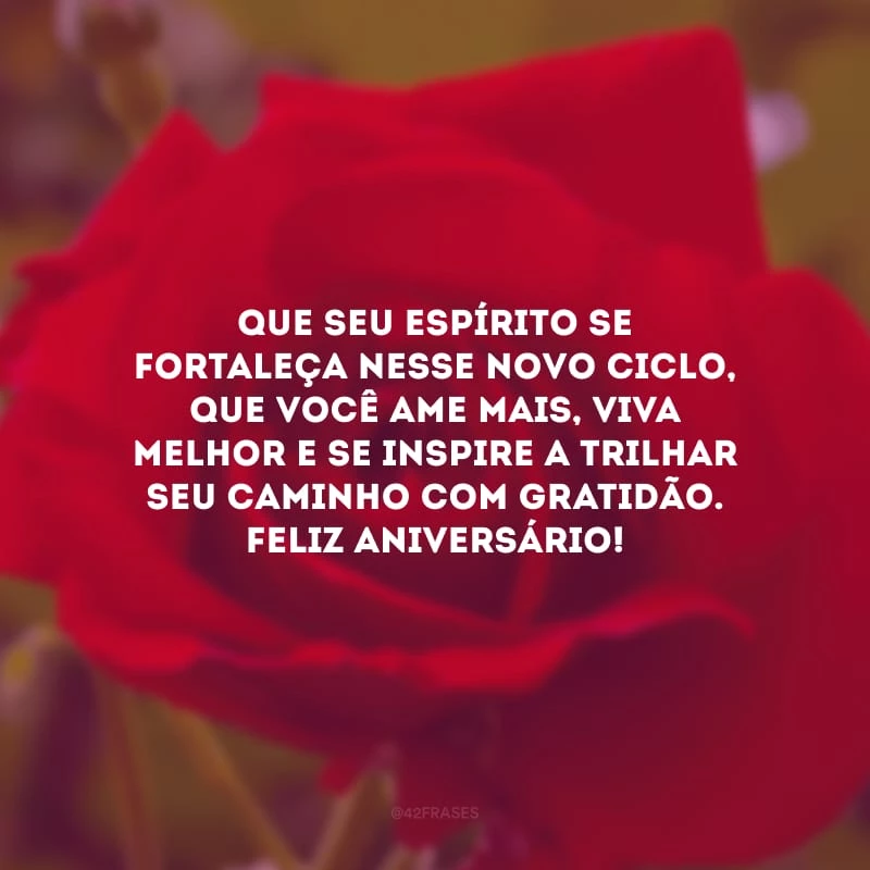 Que seu espírito se fortaleça nesse novo ciclo, que você ame mais, viva melhor e se inspire a trilhar seu caminho com gratidão. Feliz aniversário!