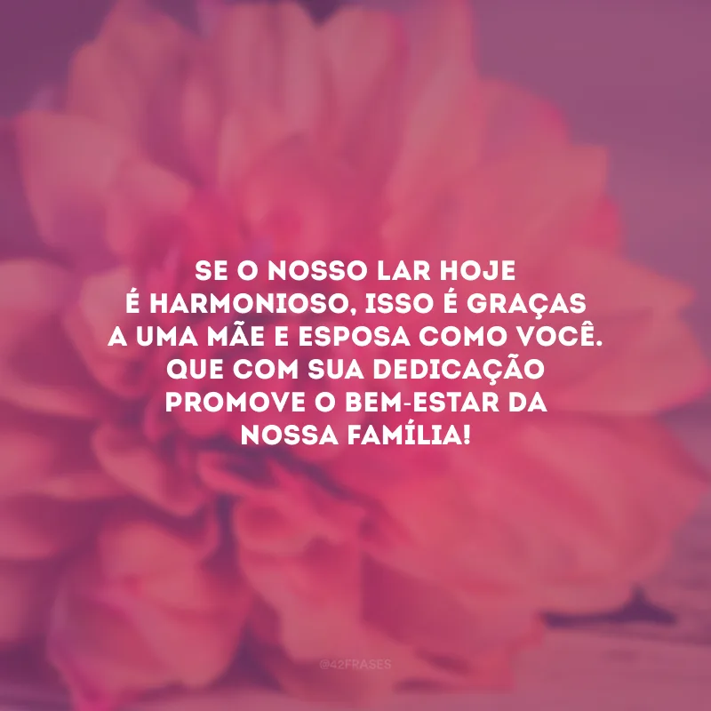 Se o nosso lar hoje é harmonioso, isso é graças a uma mãe e esposa como você. Que com sua dedicação promove o bem-estar da nossa família!