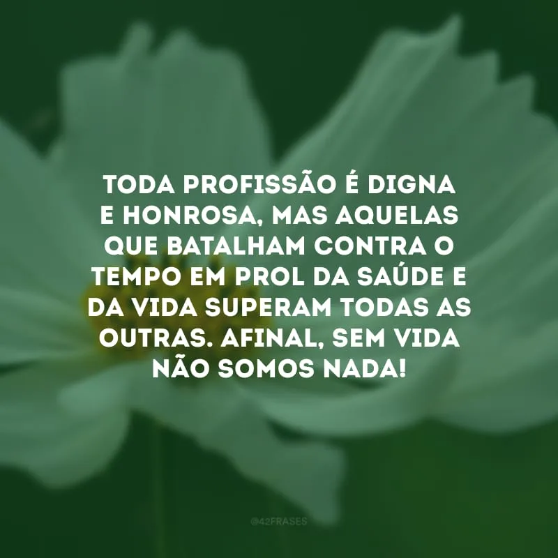 Toda profissão é digna e honrosa, mas aquelas que batalham contra o tempo em prol da saúde e da vida superam todas as outras. Afinal, sem vida não somos nada! 
