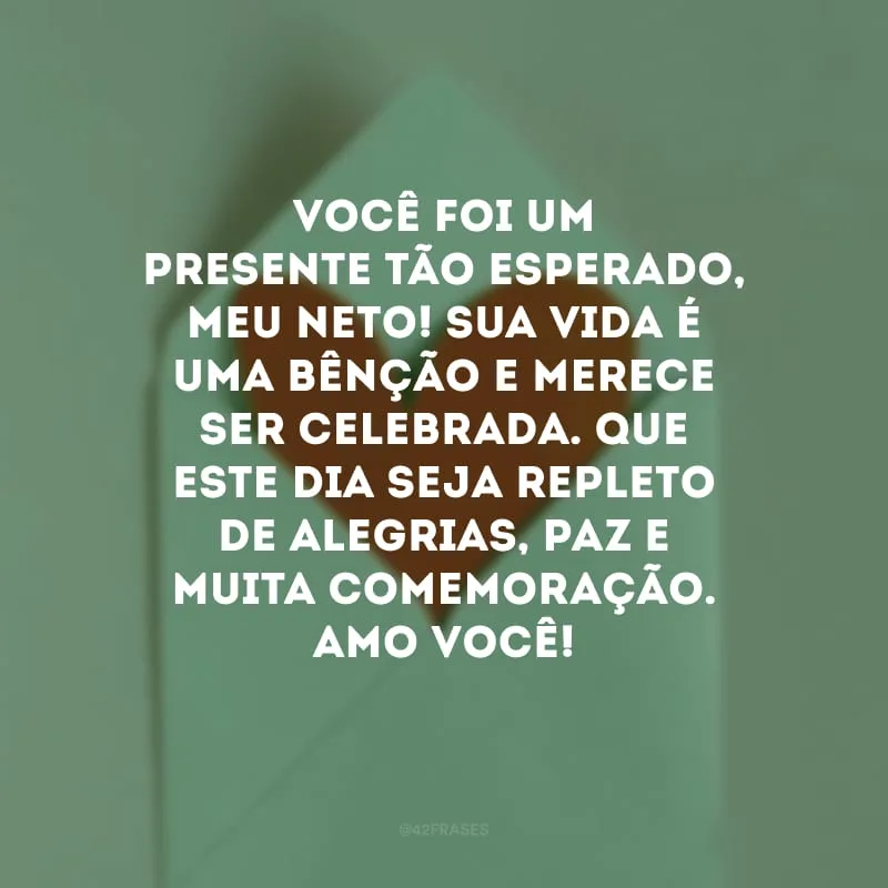 Você foi um presente tão esperado, meu neto! Sua vida é uma bênção e merece ser celebrada. Que este dia seja repleto de alegrias, paz e muita comemoração. Amo você!