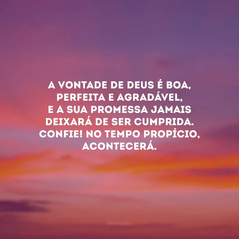 A vontade de Deus é boa, perfeita e agradável, e a sua promessa jamais deixará de ser cumprida. Confie! No tempo propício, acontecerá.