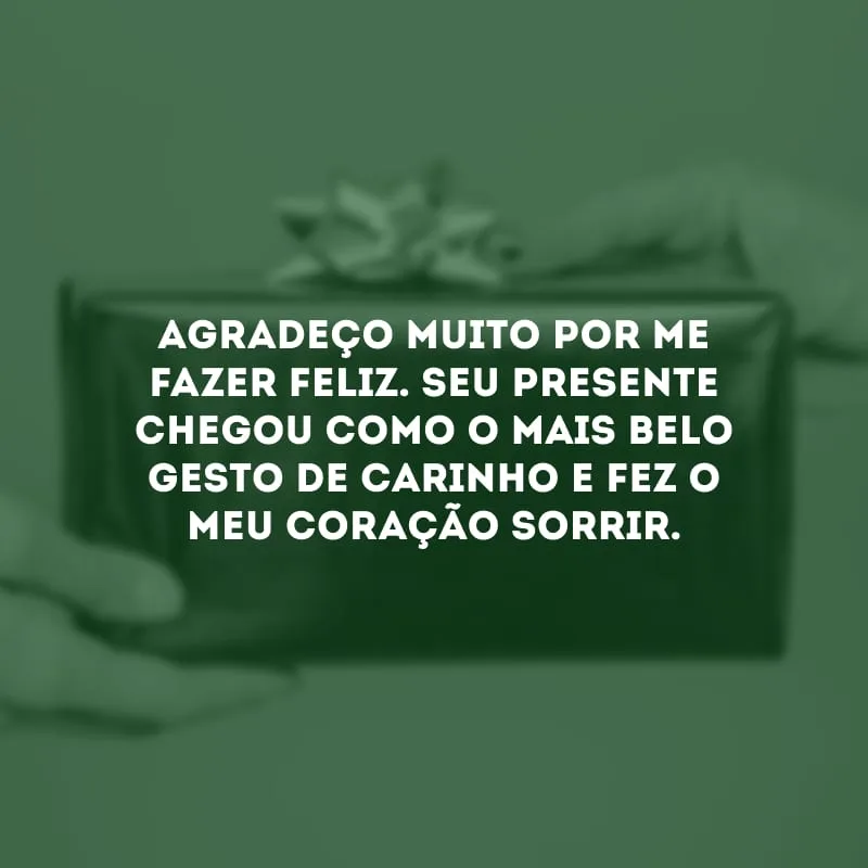 Agradeço muito por me fazer feliz. Seu presente chegou como o mais belo gesto de carinho e fez o meu coração sorrir.