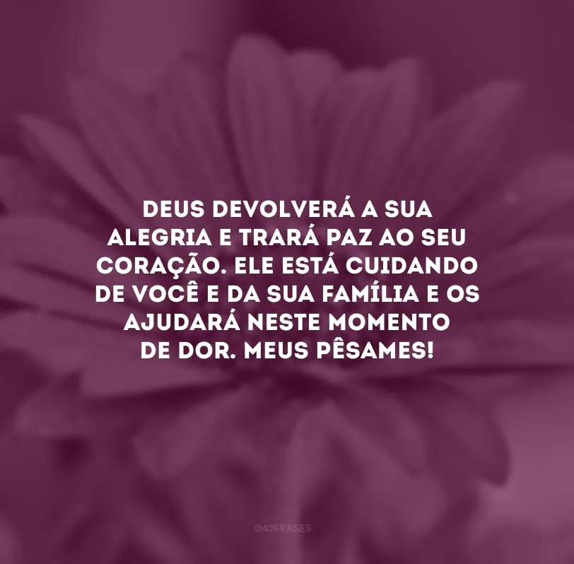 Deus devolverá a sua alegria e trará paz ao seu coração. Ele está cuidando de você e da sua família e os ajudará neste momento de dor. Meus pêsames!
