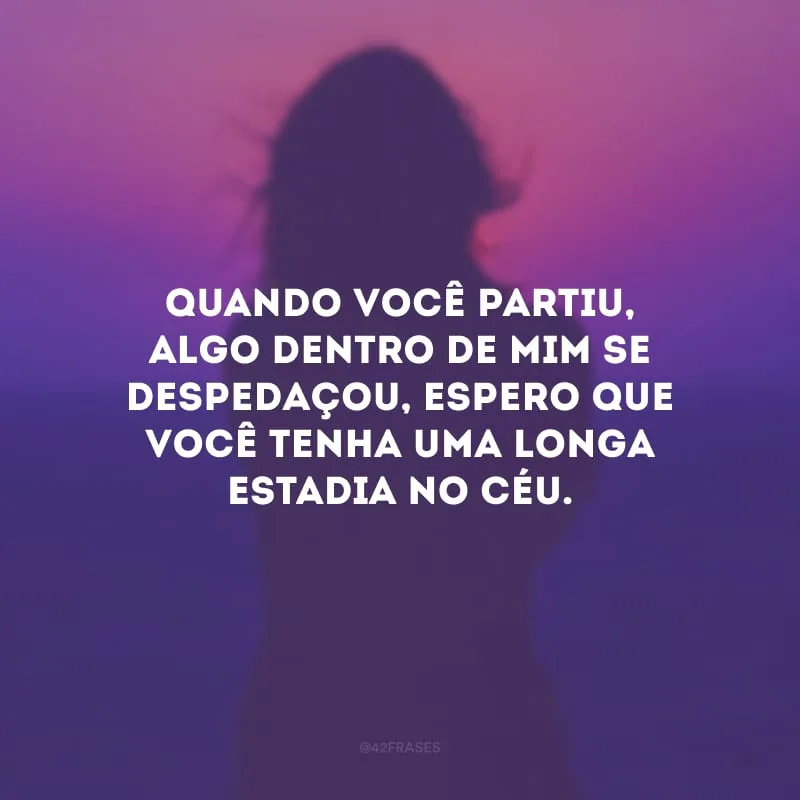 Quando você partiu, algo dentro de mim se despedaçou, espero que você tenha uma longa estadia no Céu.