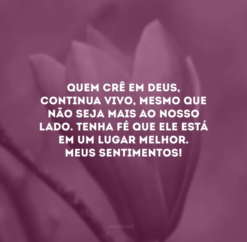 Quem crê em Deus, continua vivo, mesmo que não seja mais ao nosso lado. Tenha fé que ele está em um lugar melhor. Meus sentimentos!