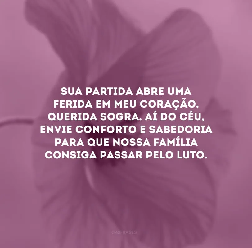 Sua partida abre uma ferida em meu coração, querida sogra. Aí do céu, envie conforto e sabedoria para que nossa família consiga passar pelo luto.
