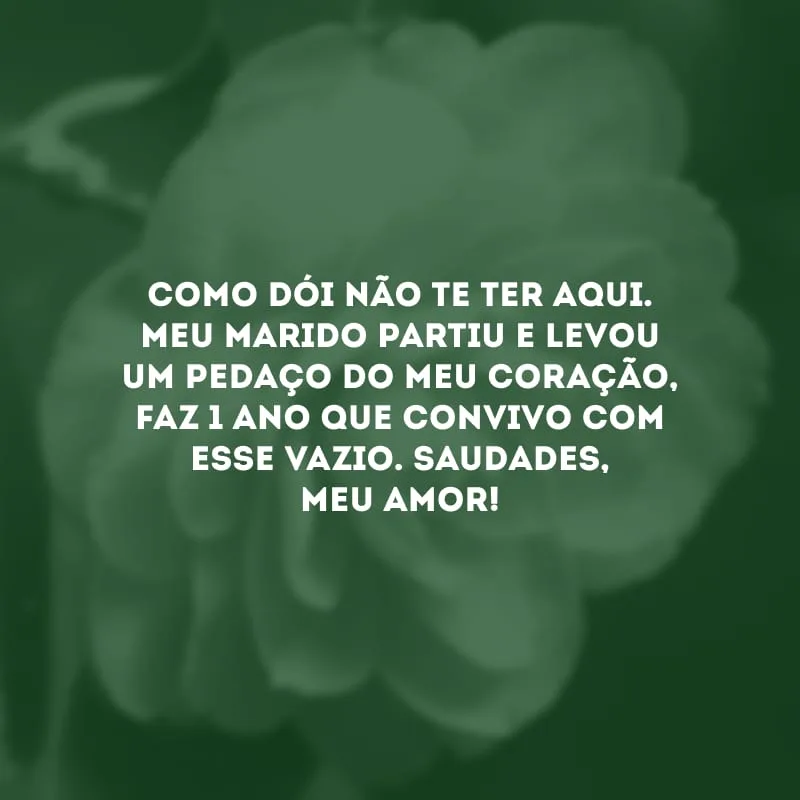 Como dói não te ter aqui. Meu marido partiu e levou um pedaço do meu coração, faz 1 ano que convivo com esse vazio. Saudades, meu amor!