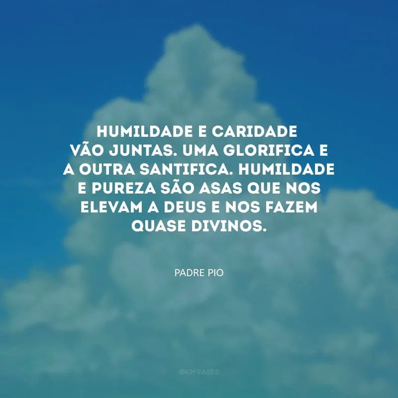 Humildade e caridade vão juntas. Uma glorifica e a outra santifica. Humildade e pureza são asas que nos elevam a Deus e nos fazem quase divinos.