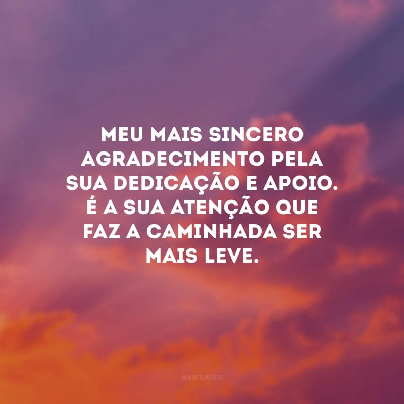 Meu mais sincero agradecimento pela sua dedicação e apoio. É a sua atenção que faz a caminhada ser mais leve.