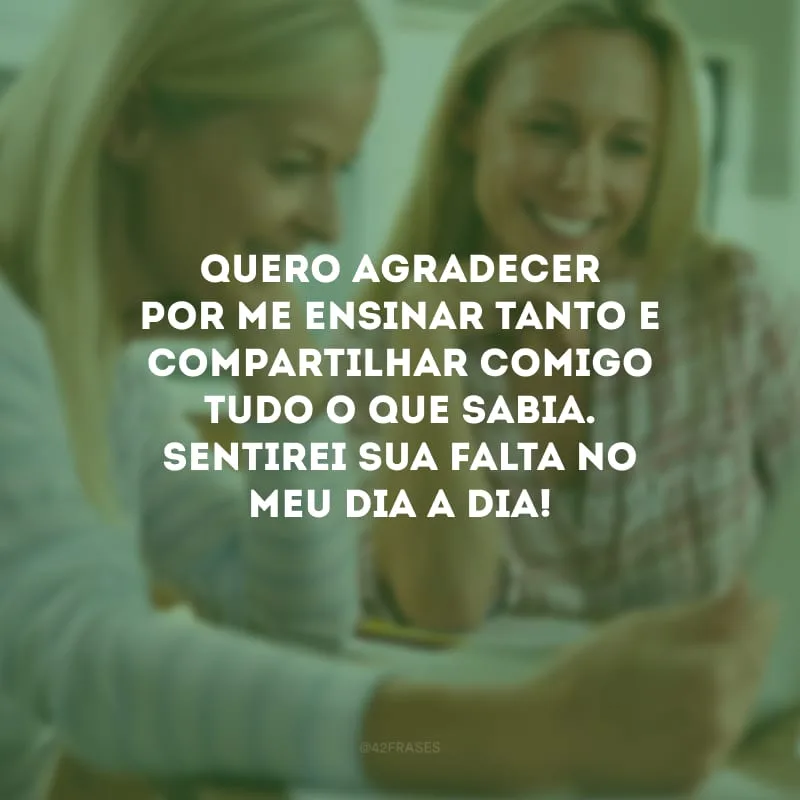 Quero agradecer por me ensinar tanto e compartilhar comigo tudo o que sabia. Sentirei sua falta no meu dia a dia!