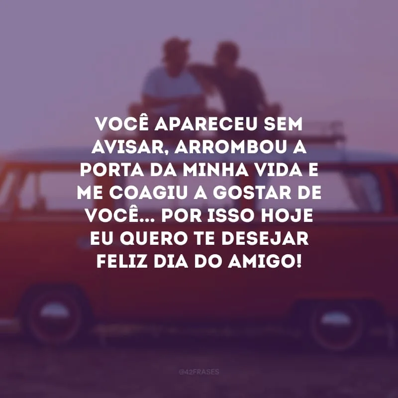 Você apareceu sem avisar, arrombou a porta da minha vida e me coagiu a gostar de você... Por isso hoje eu quero te desejar feliz Dia do Amigo! 