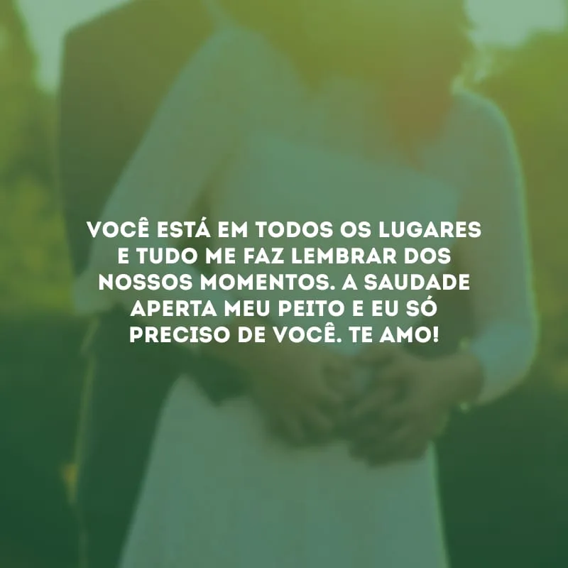 Você está em todos os lugares e tudo me faz lembrar dos nossos momentos. A saudade aperta meu peito e eu só preciso de você. Te amo!