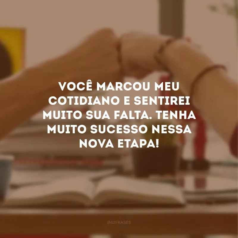 Você marcou meu cotidiano e sentirei muito sua falta. Tenha muito sucesso nessa nova etapa!
