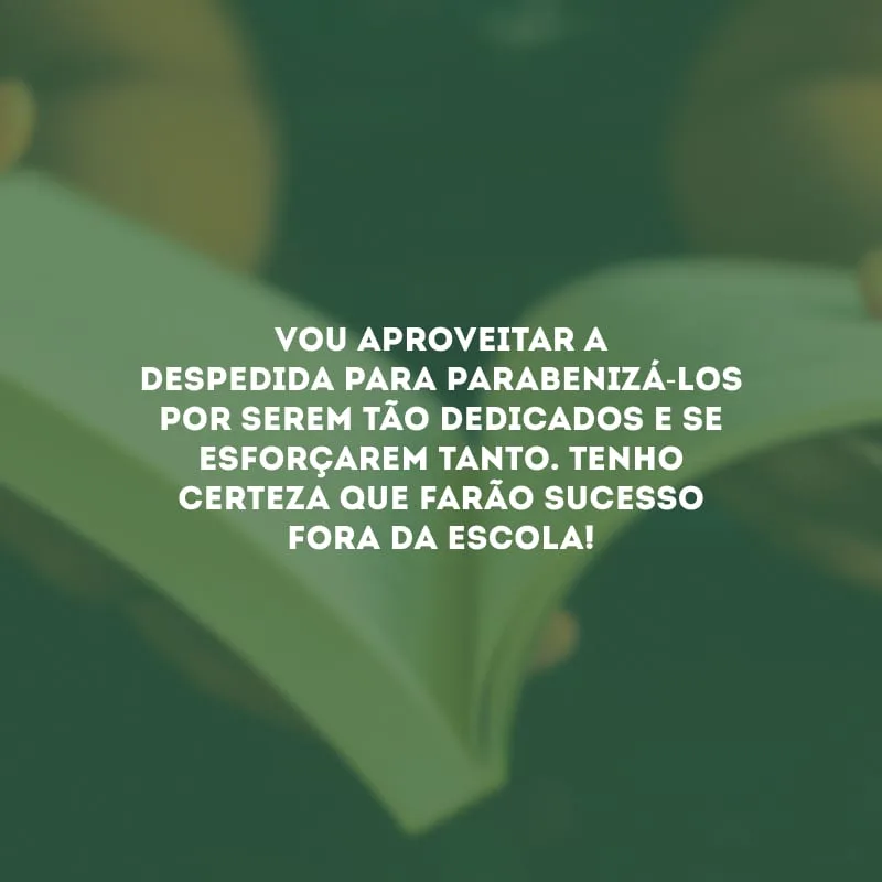 Vou aproveitar a despedida para parabenizá-los por serem tão dedicados e se esforçarem tanto. Tenho certeza que farão sucesso fora da escola!