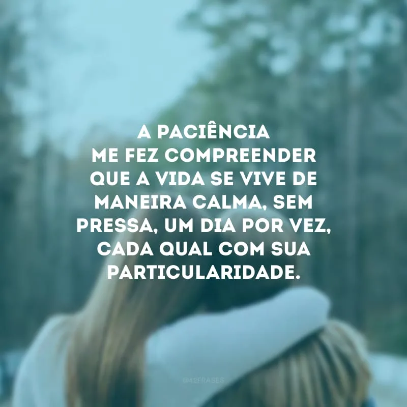 A paciência me fez compreender que a vida se vive de maneira calma, sem pressa, um dia por vez, cada qual com sua particularidade. 