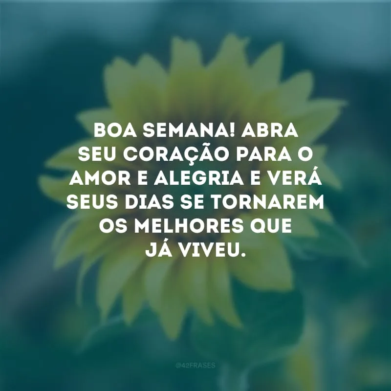 Boa semana! Abra seu coração para o amor e alegria e verá seus dias se tornarem os melhores que já viveu.
