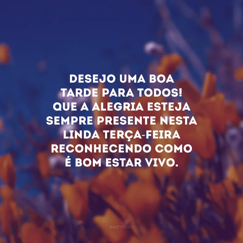 Desejo uma boa tarde para todos! Que a alegria esteja sempre presente nesta linda terça-feira reconhecendo como é bom estar vivo.
