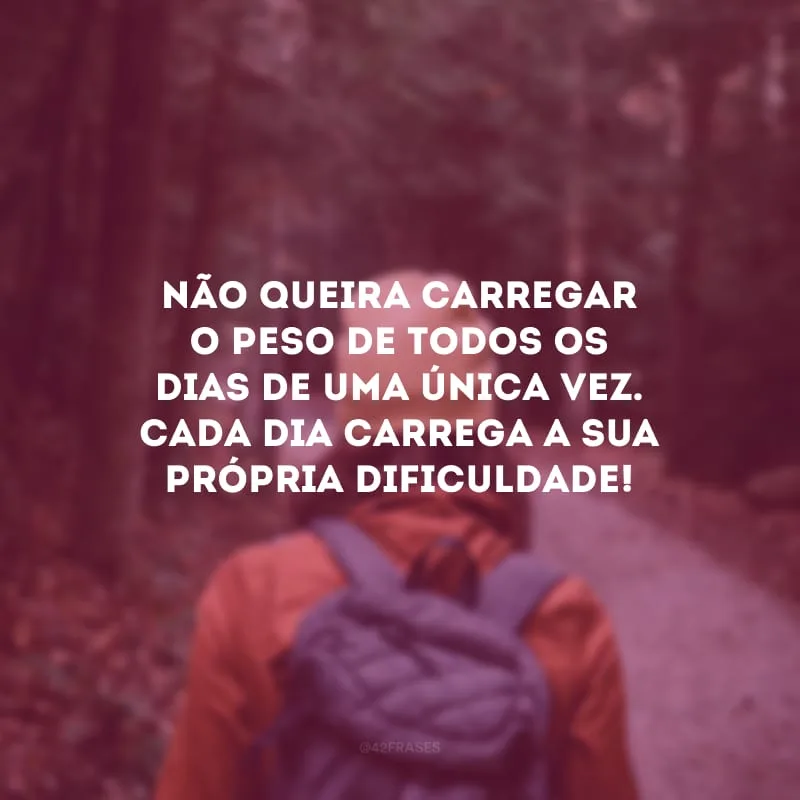 Não queira carregar o peso de todos os dias de uma única vez. Cada dia carrega a sua própria dificuldade! 