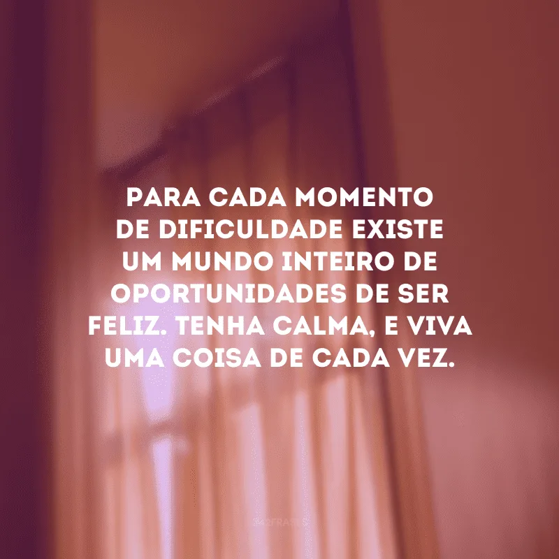Para cada momento de dificuldade existe um mundo inteiro de oportunidades de ser feliz. Tenha calma, e viva uma coisa de cada vez. 