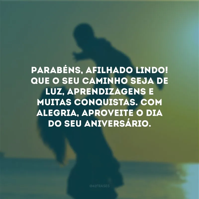 Parabéns, afilhado lindo! Que o seu caminho seja de luz, aprendizagens e muitas conquistas. Com alegria, aproveite o dia do seu aniversário.