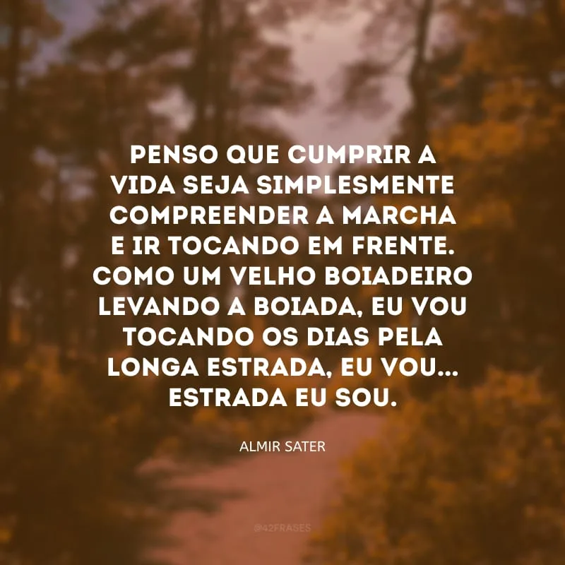 Penso que cumprir a vida seja simplesmente compreender a marcha e ir tocando em frente. Como um velho boiadeiro levando a boiada, eu vou tocando os dias pela longa estrada, eu vou... Estrada eu sou. 