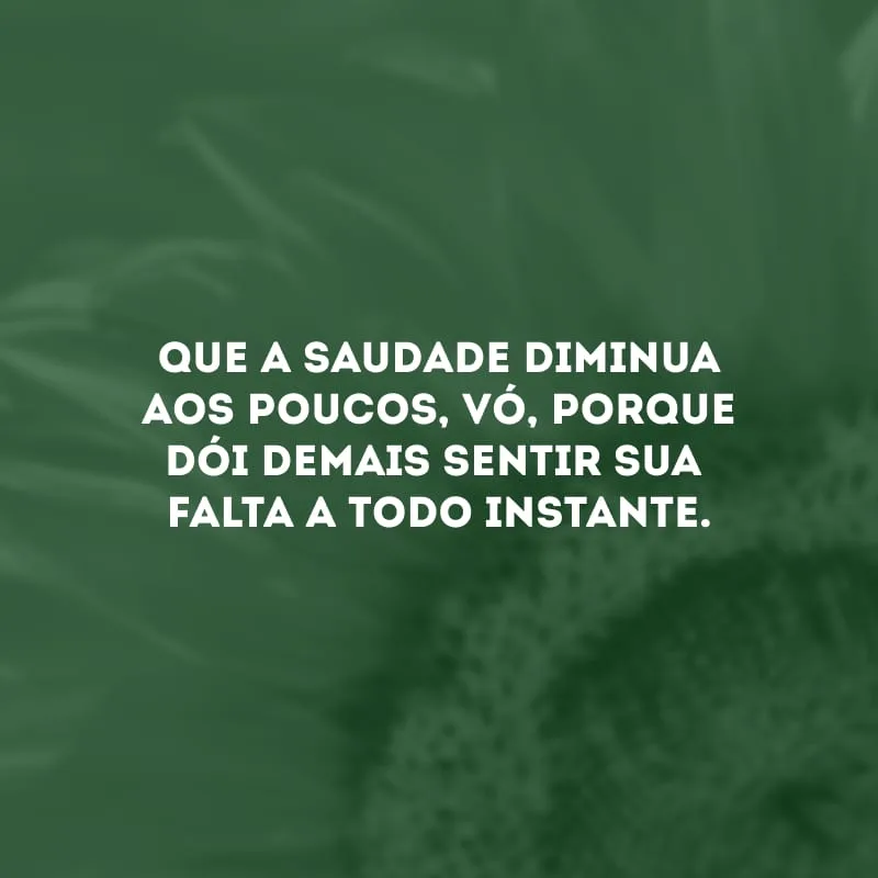 Que a saudade diminua aos poucos, vó, porque dói demais sentir sua falta a todo instante.