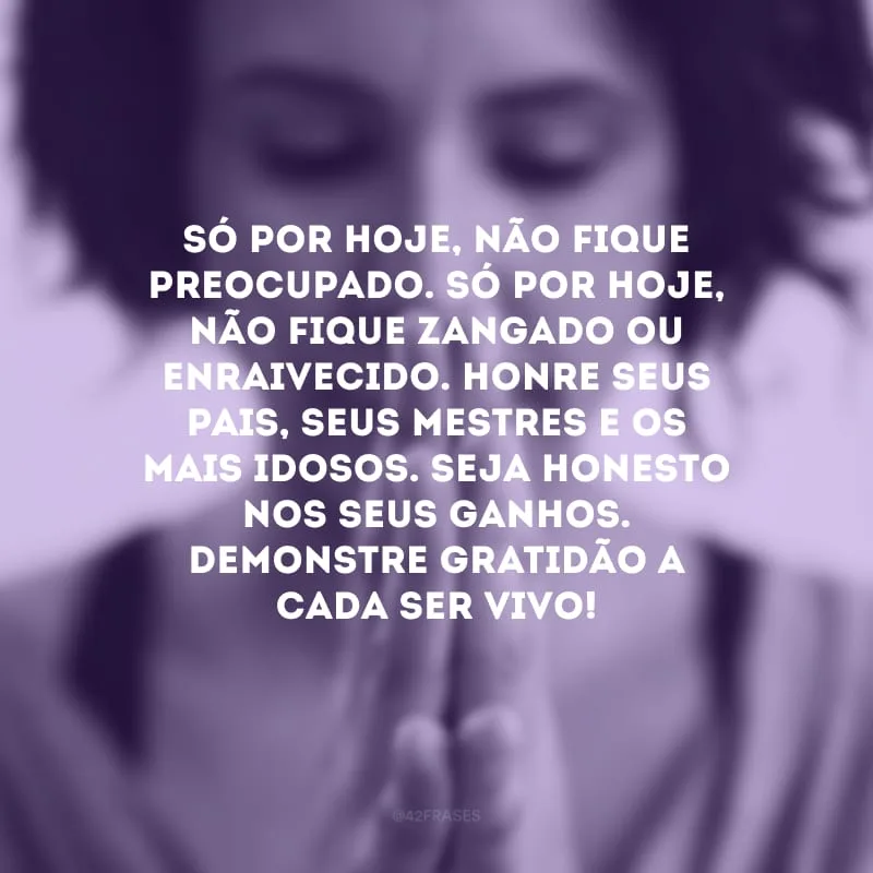 Só por hoje, não fique preocupado. Só por hoje, não fique zangado ou enraivecido. Honre seus pais, seus mestres e os mais idosos. Seja honesto nos seus ganhos. Demonstre gratidão a cada ser vivo!