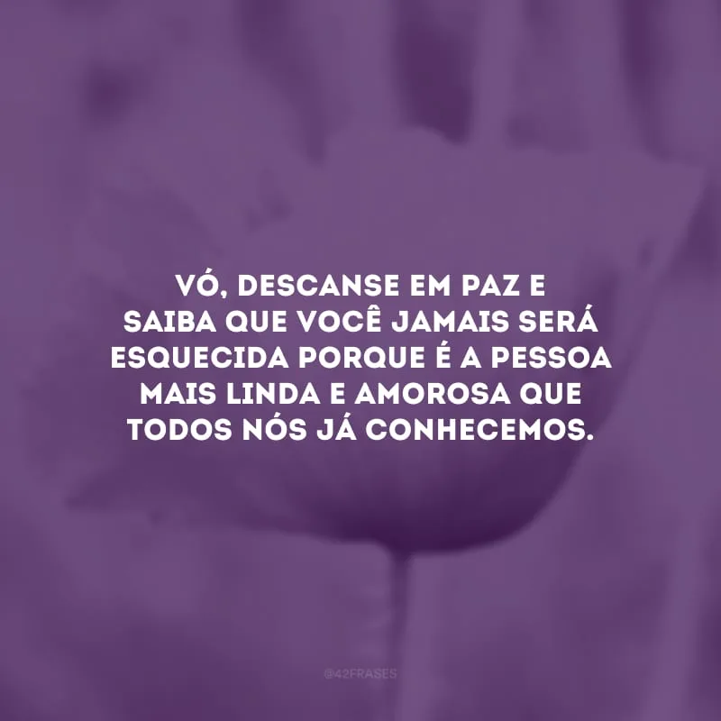Vó, descanse em paz e saiba que você jamais será esquecida porque é a pessoa mais linda e amorosa que todos nós já conhecemos.