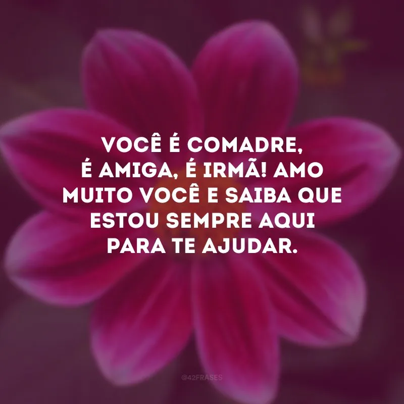 Você é comadre, é amiga, é irmã! Amo muito você e saiba que estou sempre aqui para te ajudar.