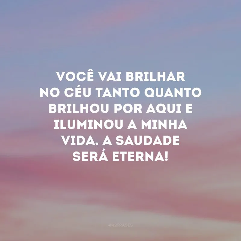 Você vai brilhar no Céu tanto quanto brilhou por aqui e iluminou a minha vida. A saudade será eterna!