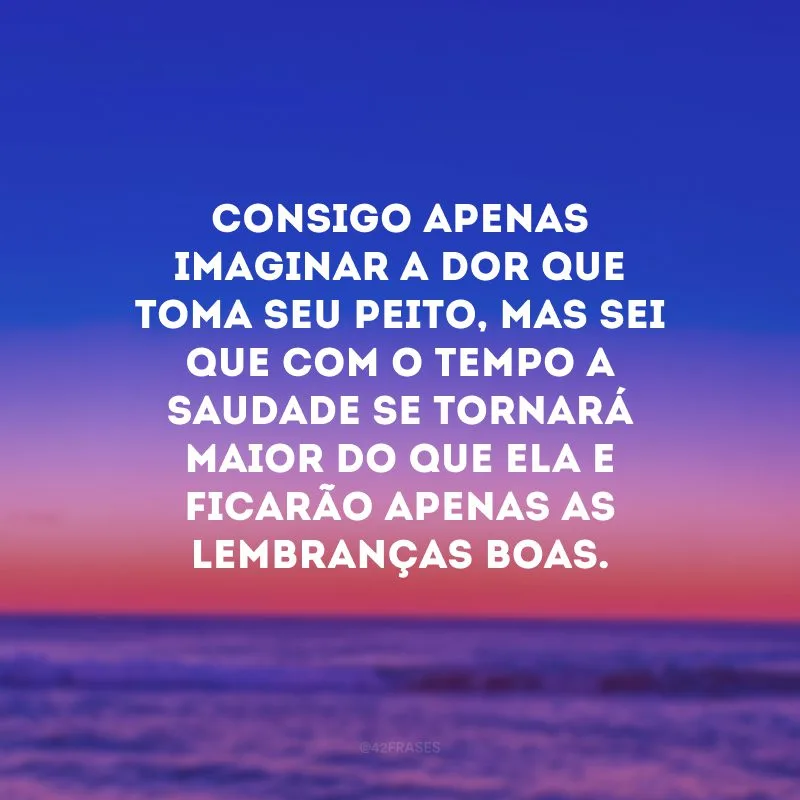 Consigo apenas imaginar a dor que toma seu peito, mas sei que com o tempo a saudade se tornará maior do que ela e ficarão apenas as lembranças boas.