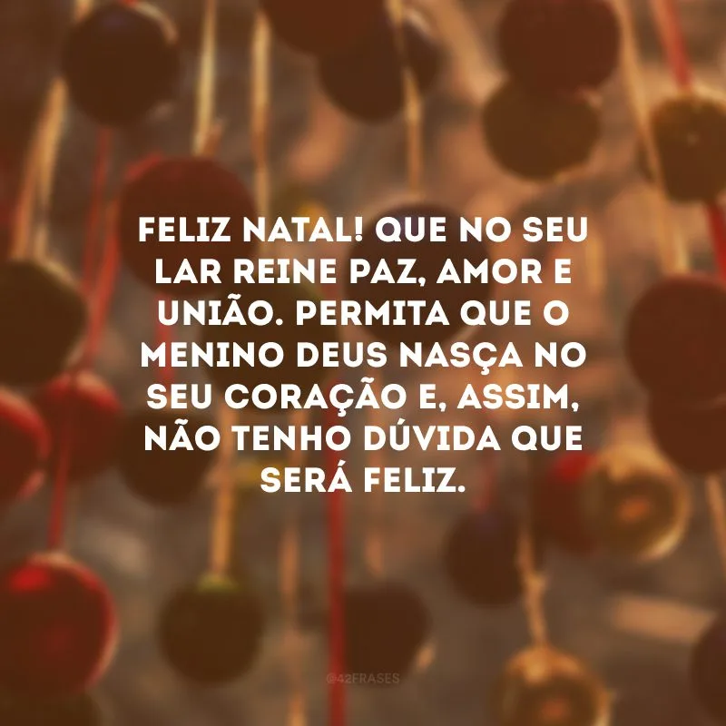 Feliz Natal! Que no seu lar reine paz, amor e união. Permita que o Menino Deus nasça no seu coração e, assim, não tenho dúvida que será feliz.