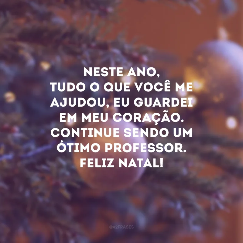 Neste ano, tudo o que você me ajudou, eu guardei em meu coração. Continue sendo um ótimo professor. Feliz Natal!