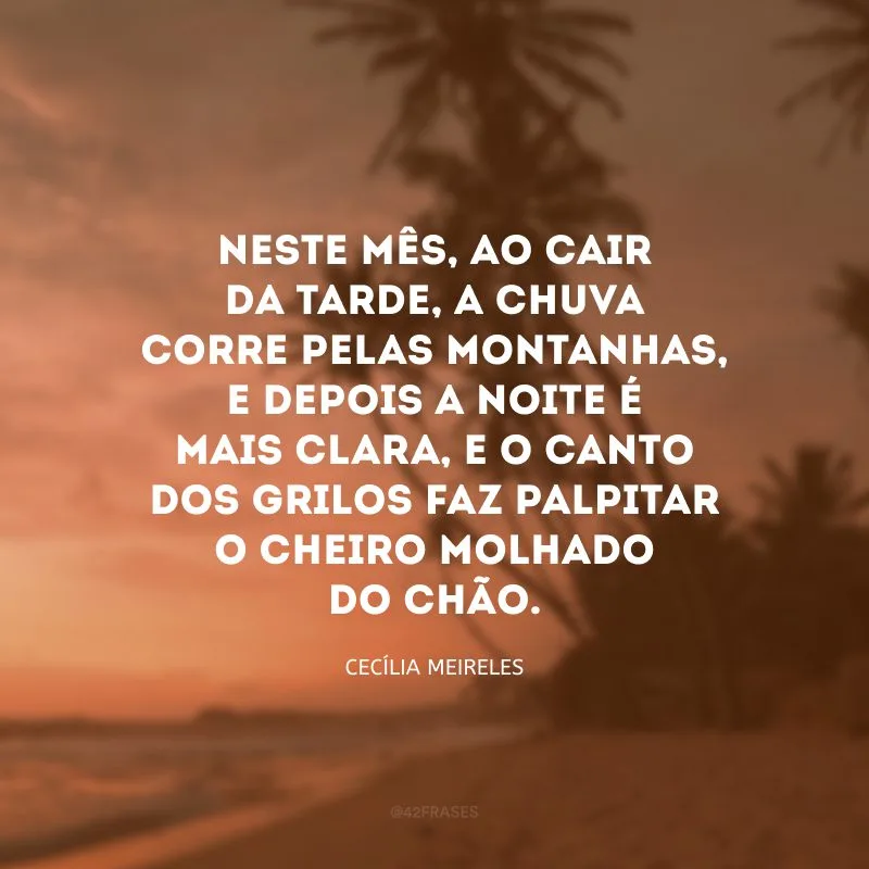 Neste mês, ao cair da tarde, a chuva corre pelas montanhas, e depois a noite é mais clara, e o canto dos grilos faz palpitar o cheiro molhado do chão.